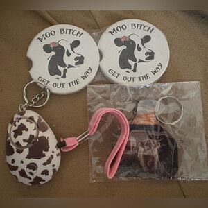 SET of Cow Print alarm keychain, car coasters, and cow keychain